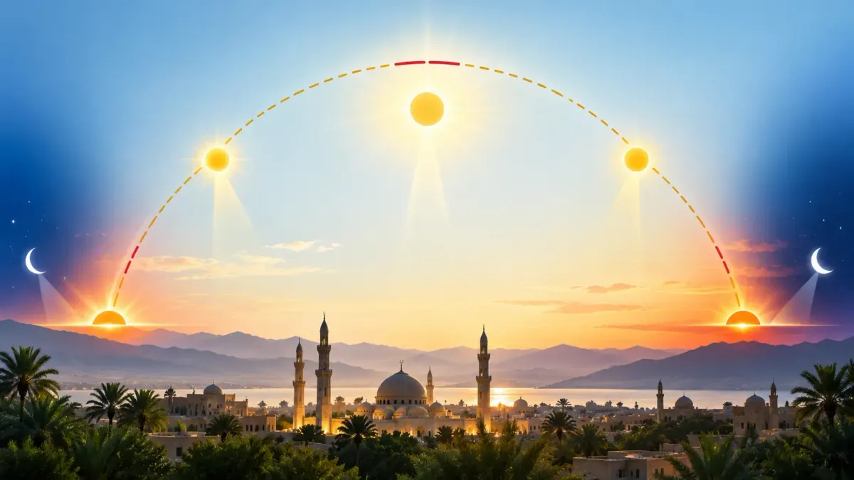 مسار الشمس خلال اليوم وعلاقته بأوقات الصلاة الخمس وأوقات النهي